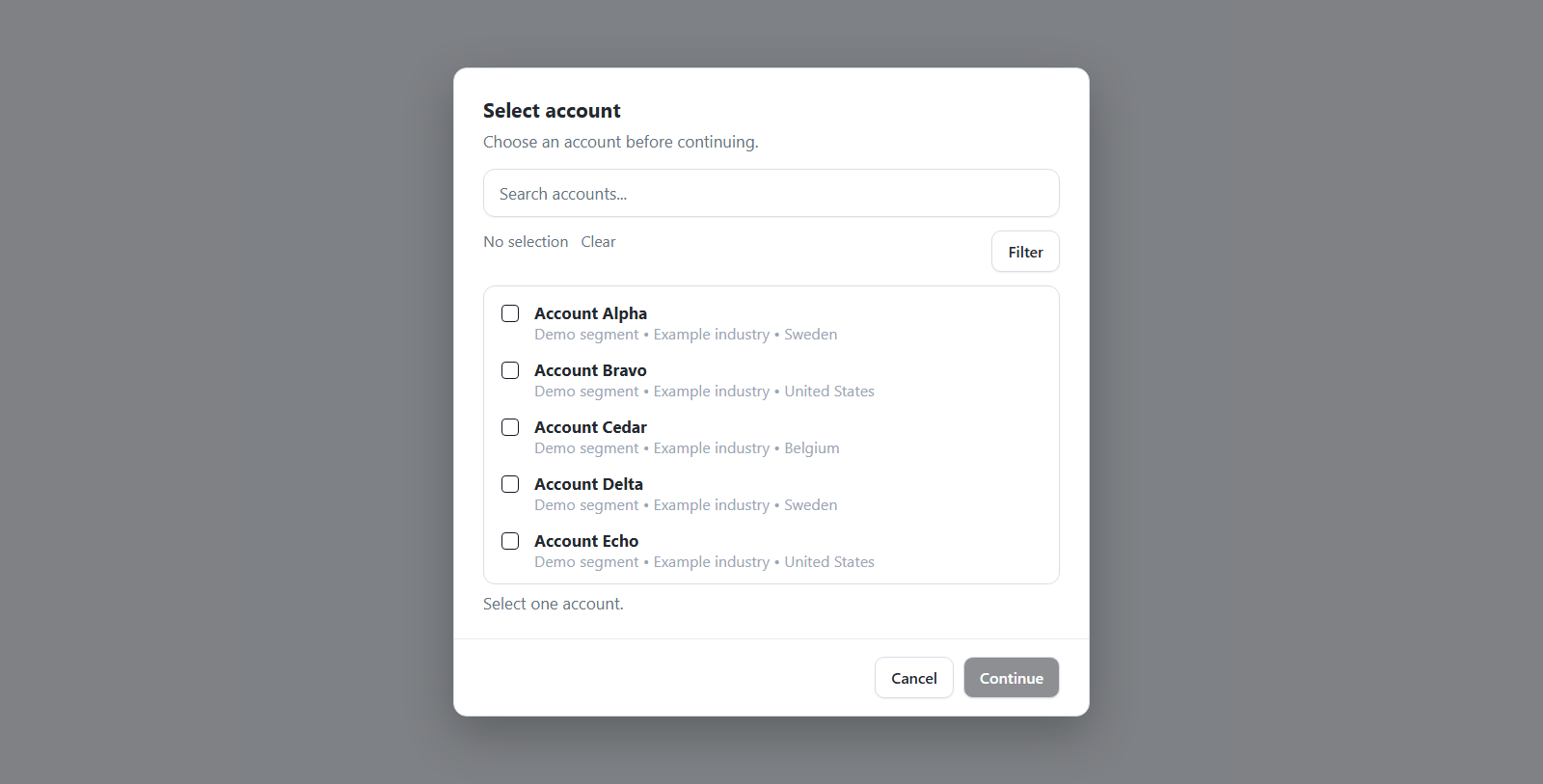 Select account dialog used on stakeholder reports