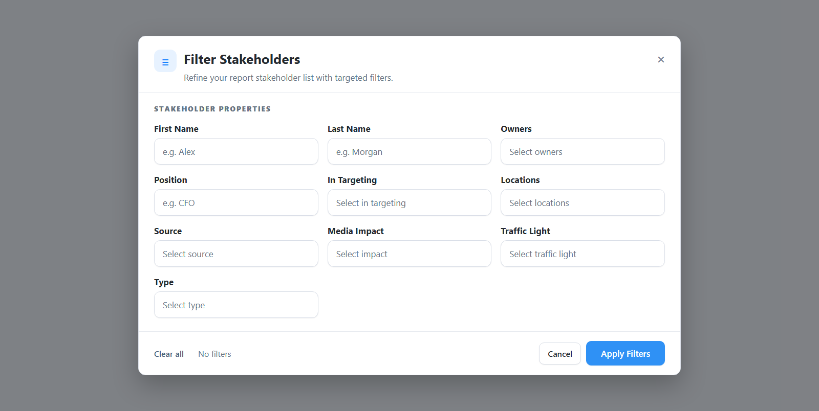 Filter Stakeholders dialog showing person-level filters