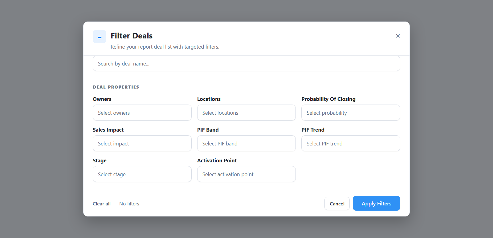 Filter Deals dialog showing deal-level filters