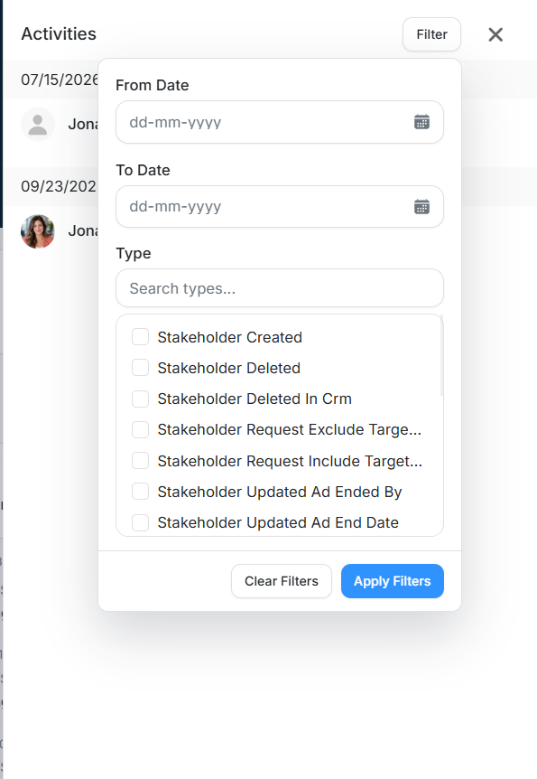 Stakeholder activities filter modal