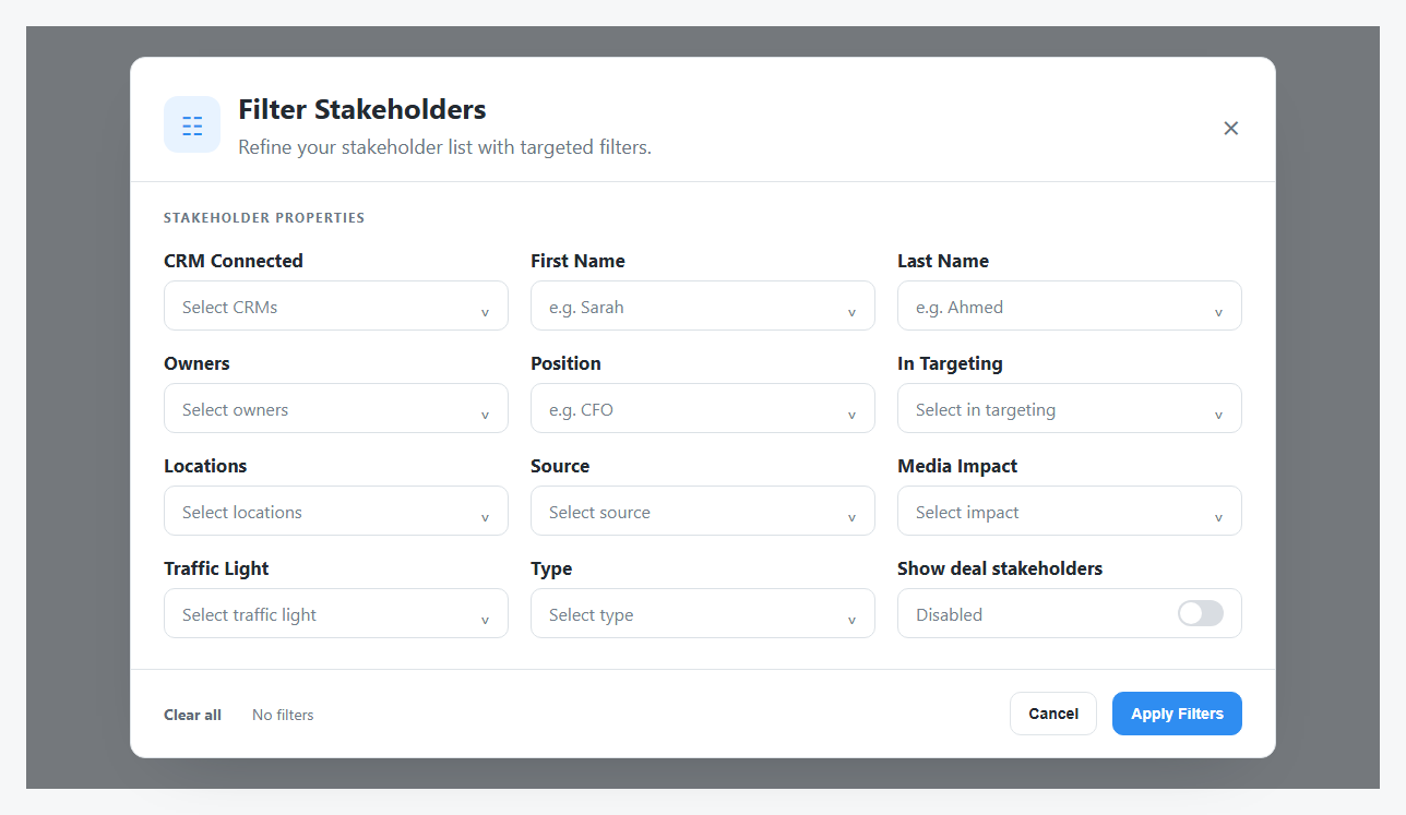 Filter Stakeholders dialog