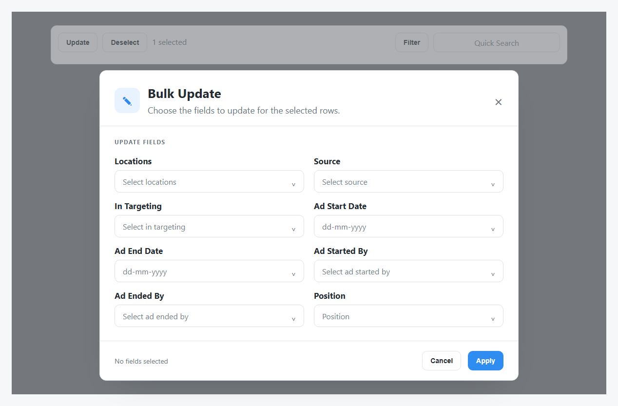 Bulk Update stakeholders dialog