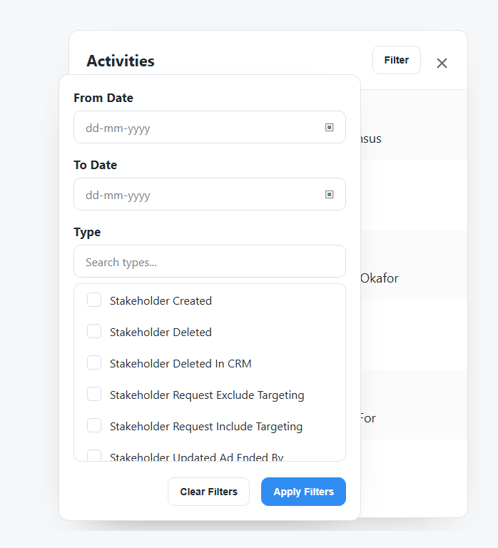 Stakeholder activities drawer and filter