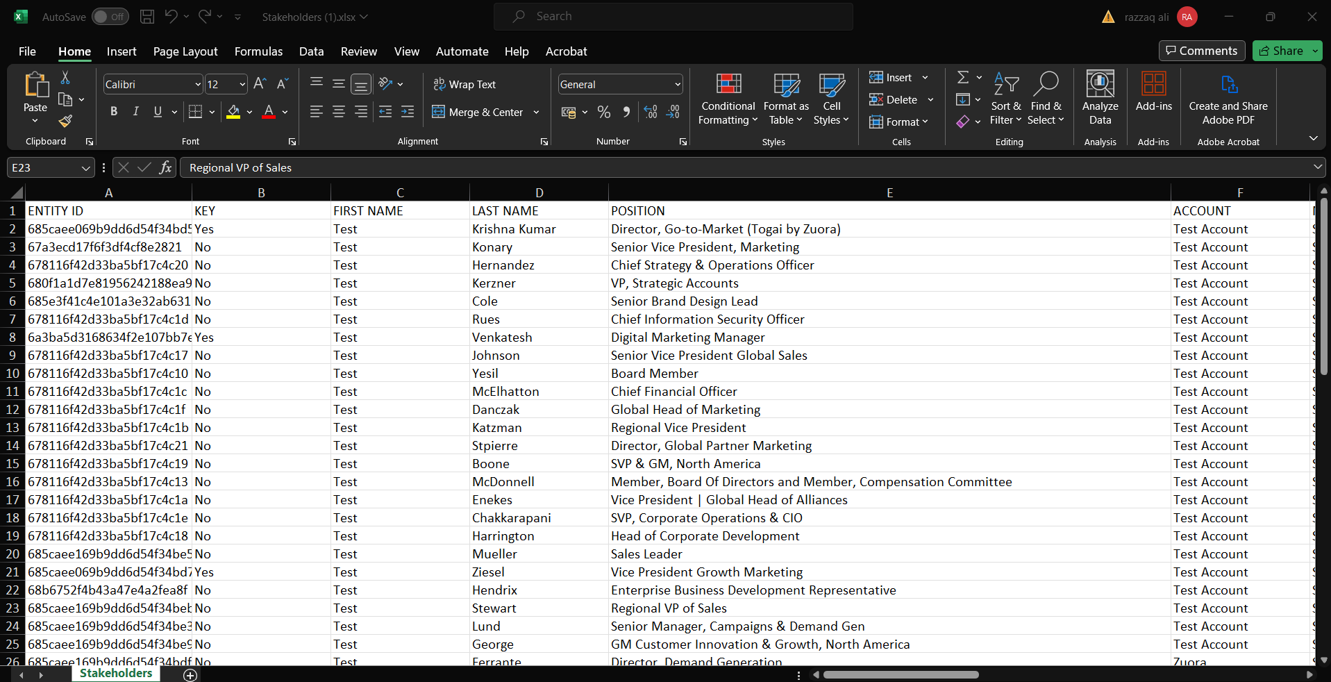 Exported stakeholder spreadsheet