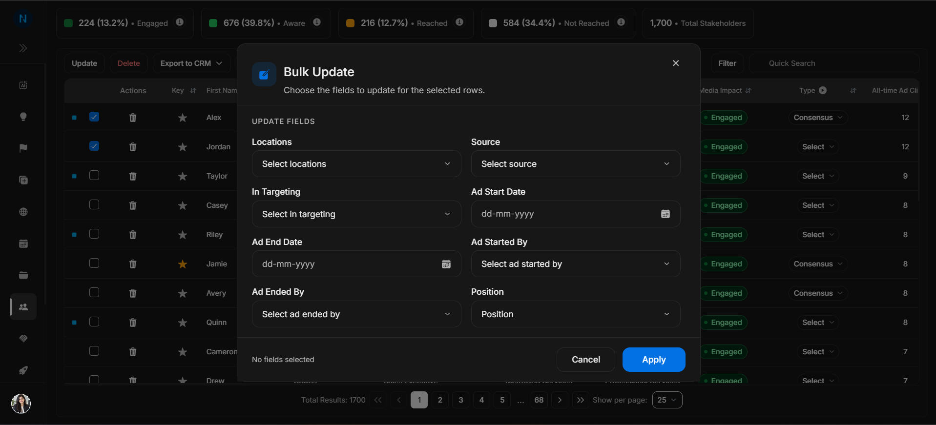 Stakeholder bulk update modal