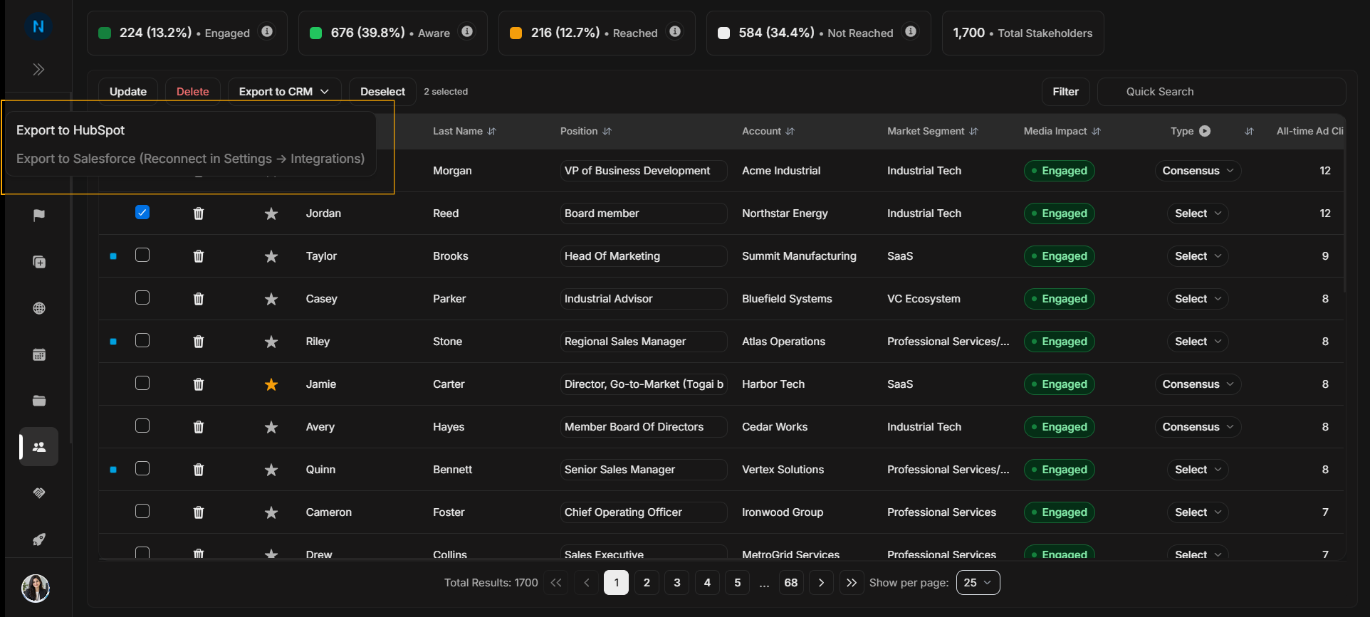 Export selected stakeholders to CRM