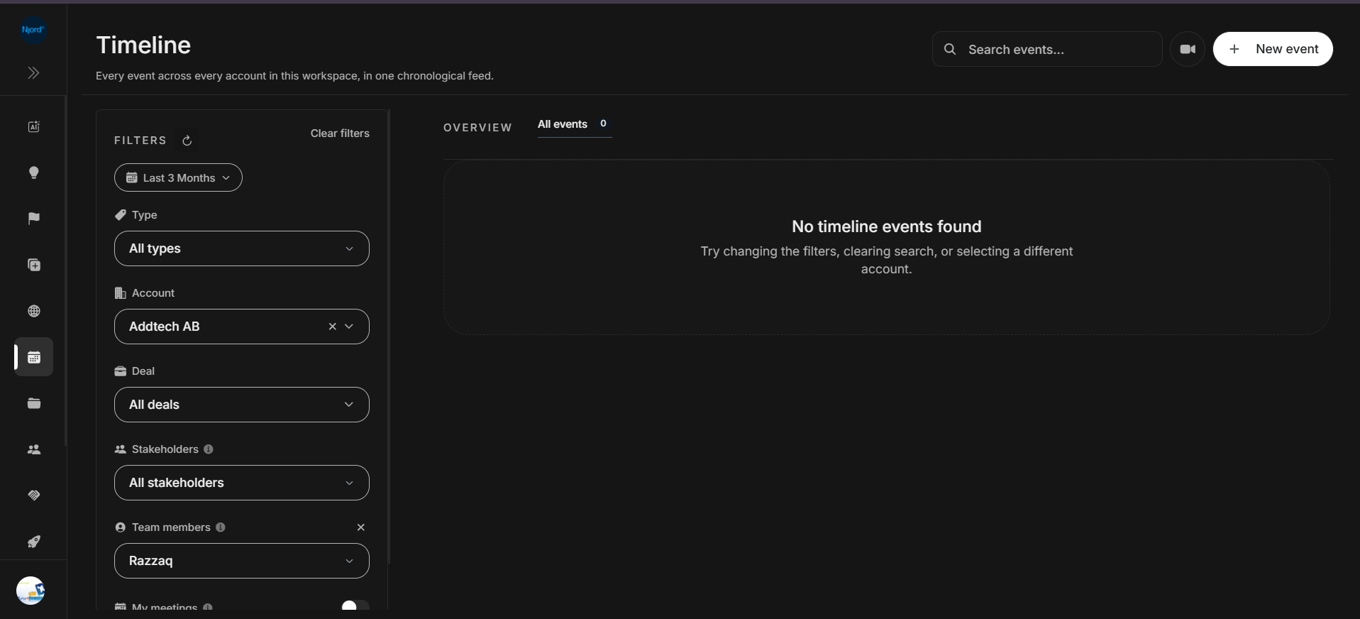 Timeline filters and event feed