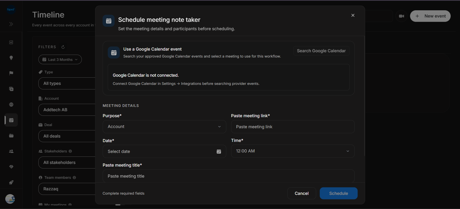 Schedule meeting note taker with Google Calendar block