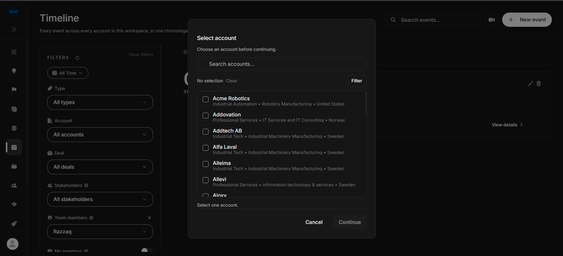 Timeline account selector before selection
