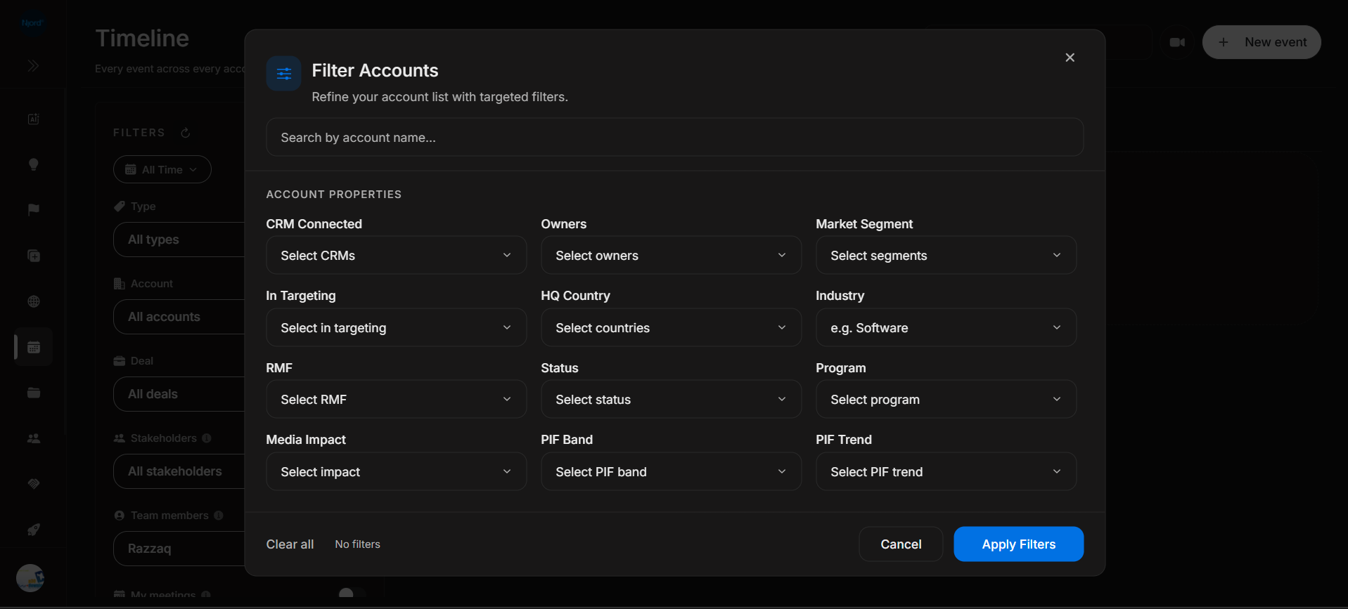 Timeline filter accounts dialog
