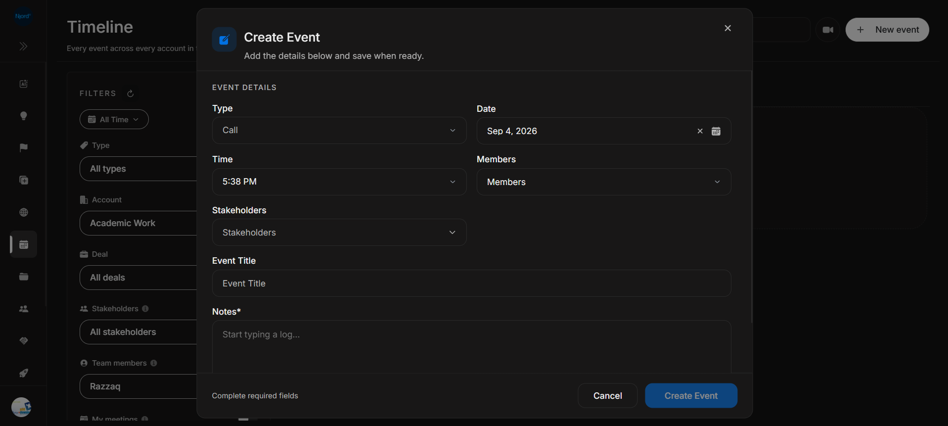 Timeline create event dialog