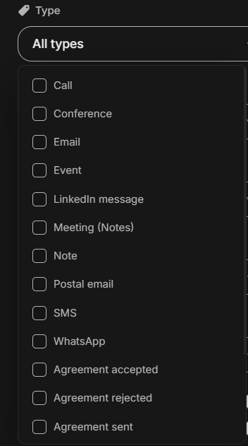 Timeline event type menu