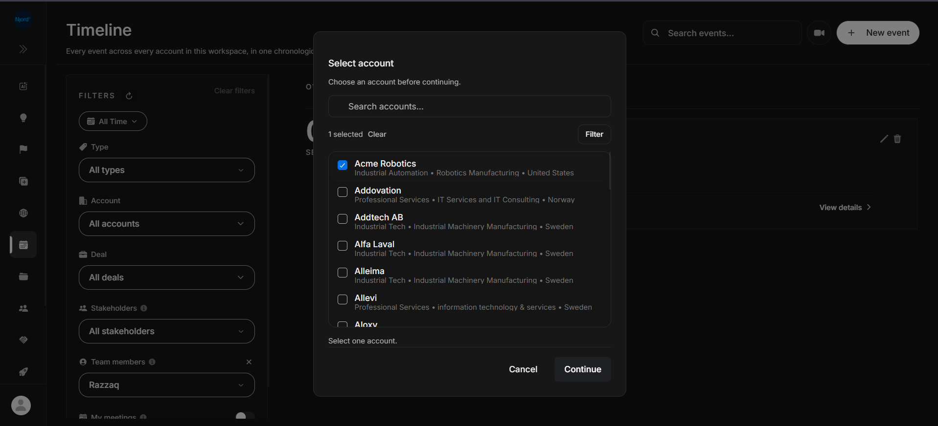 Timeline account filter dialog with selected account