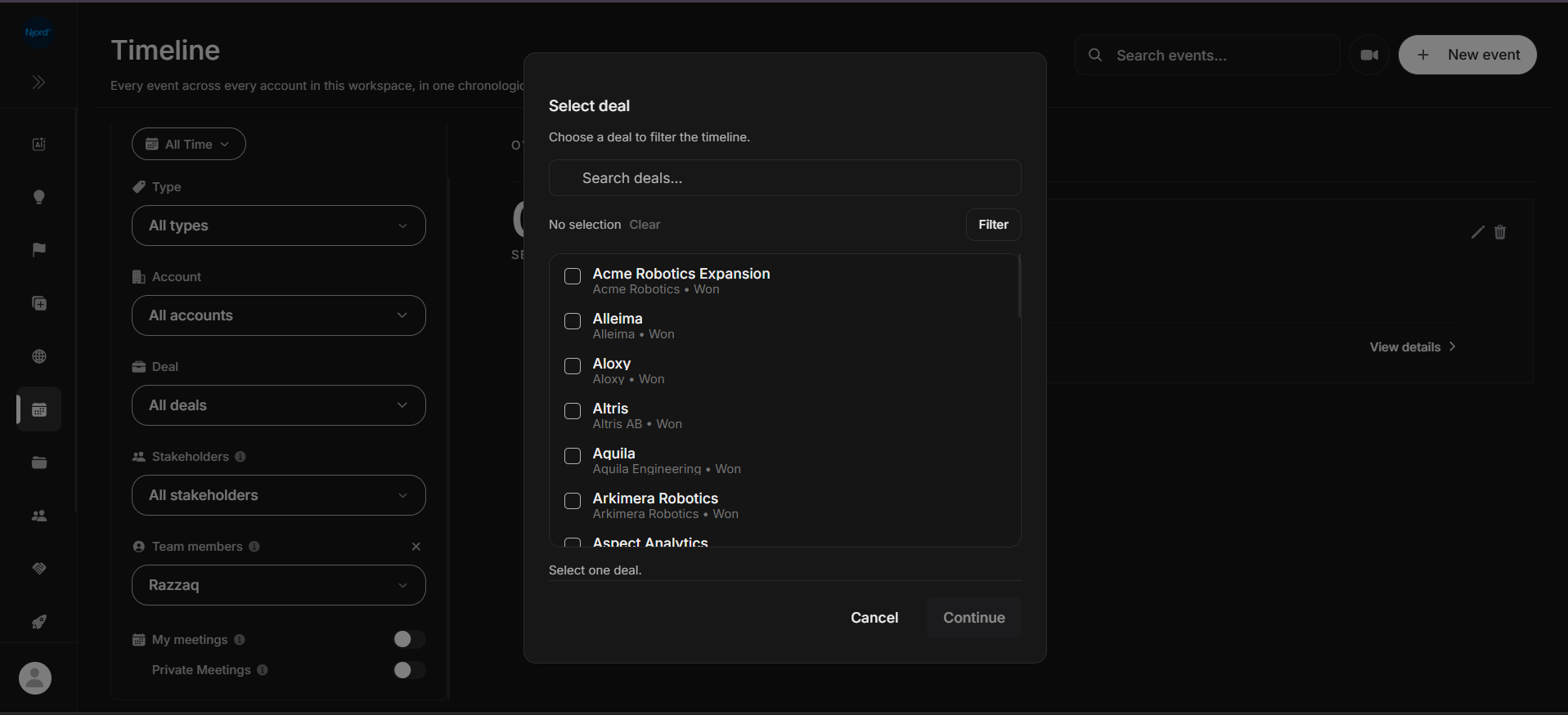 Timeline deal selector